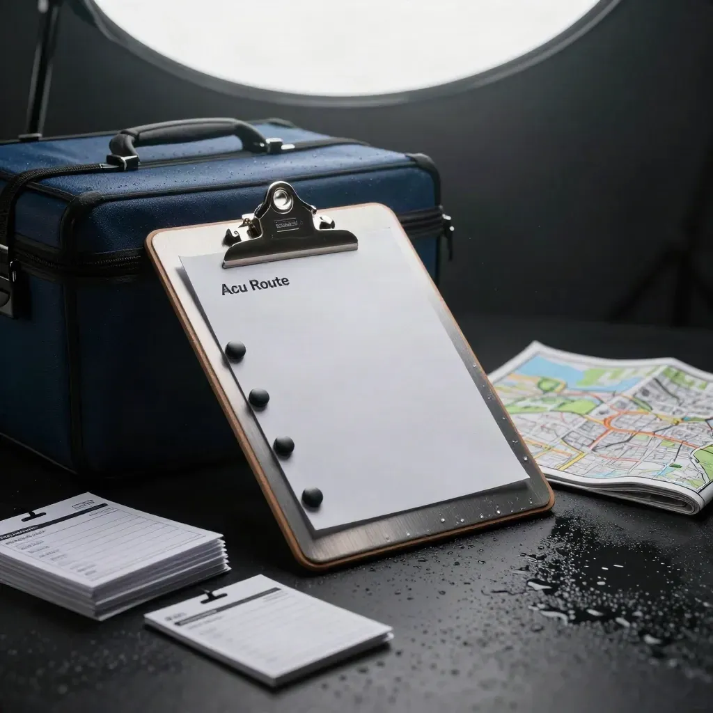 Brushed-aluminum dispatch kit with map, markers, tags, and case on a dark surface