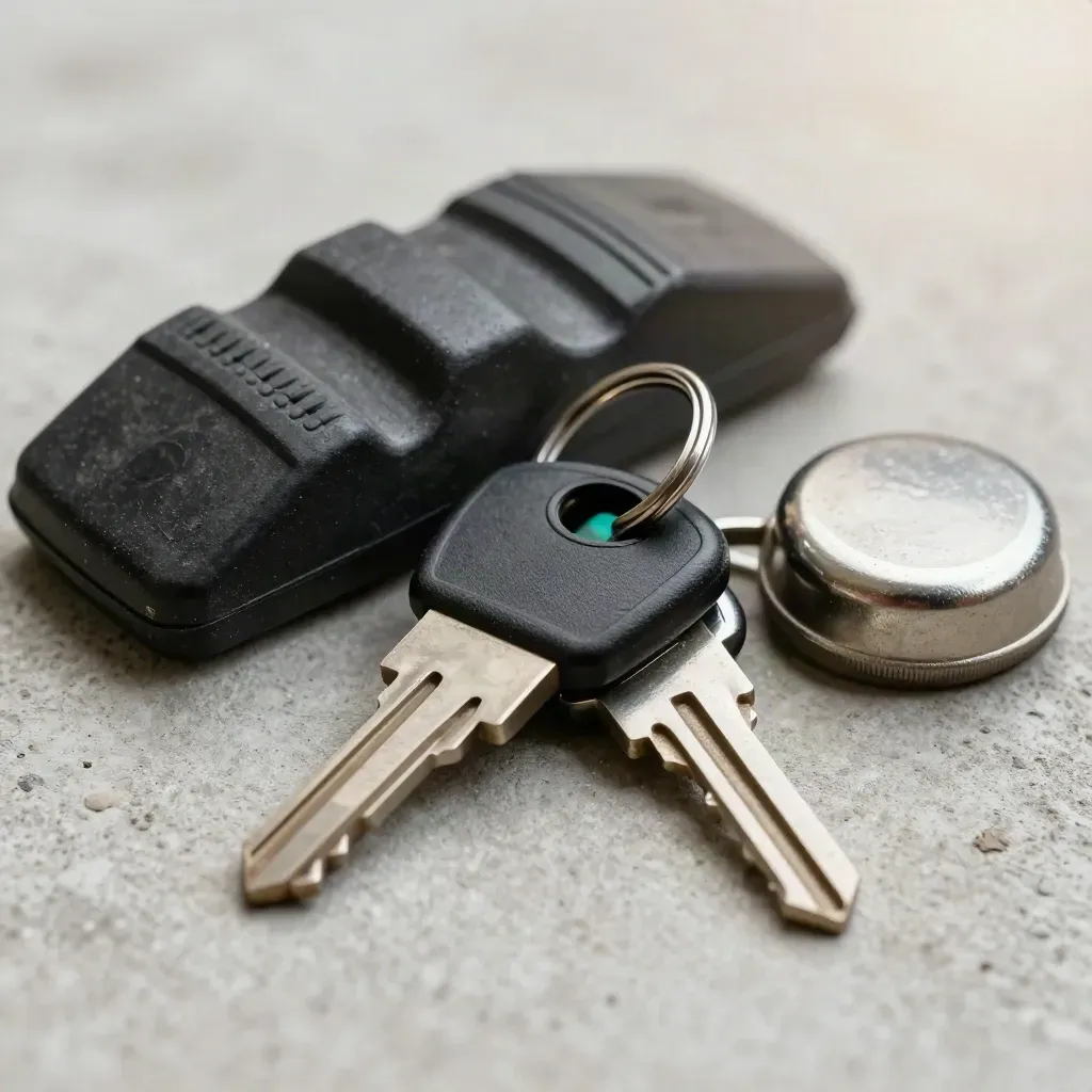 Truck keys, wheel chock and fuel cap on pale concrete with workshop dust