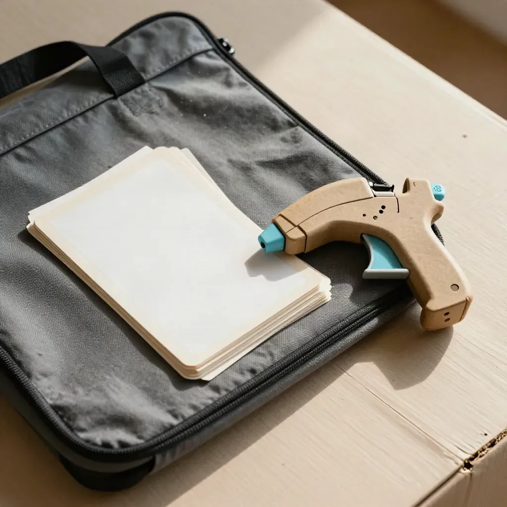 Courier pouch, parcel labels, and tape gun on cream plaster under bright daylight, sky-blue accent.