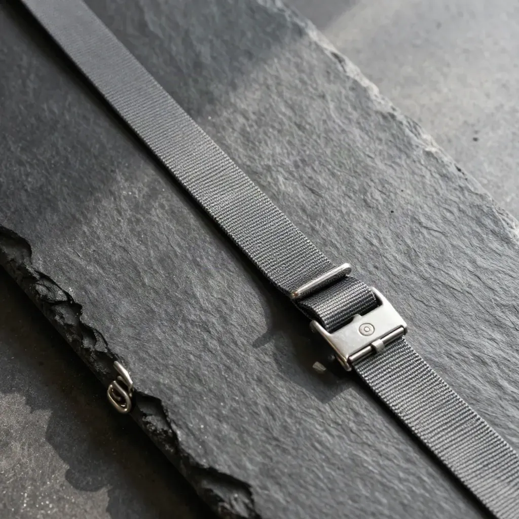 Top-down still life of cargo seal, pallet guards, and a tightened tie-down strap on dark slate.