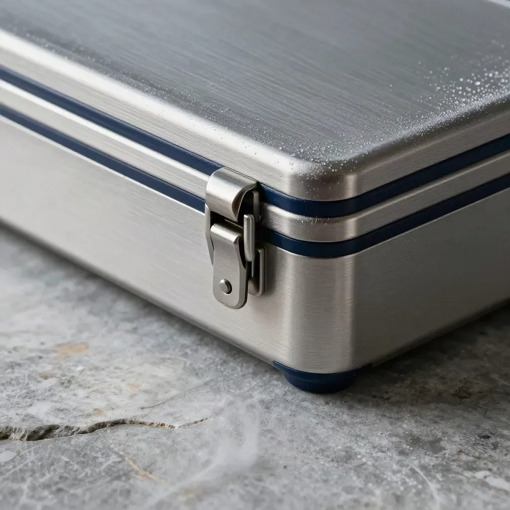 Macro of cold cargo latch hardware, thermometer, and aluminum crate corner on stone with mist