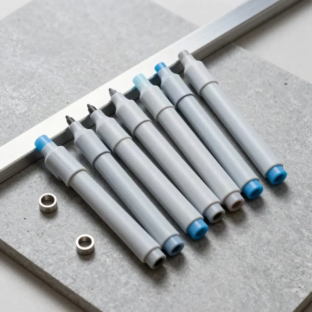 Five stop markers, aluminum rail and steel spacers arranged on brushed stone, top-down macro.
