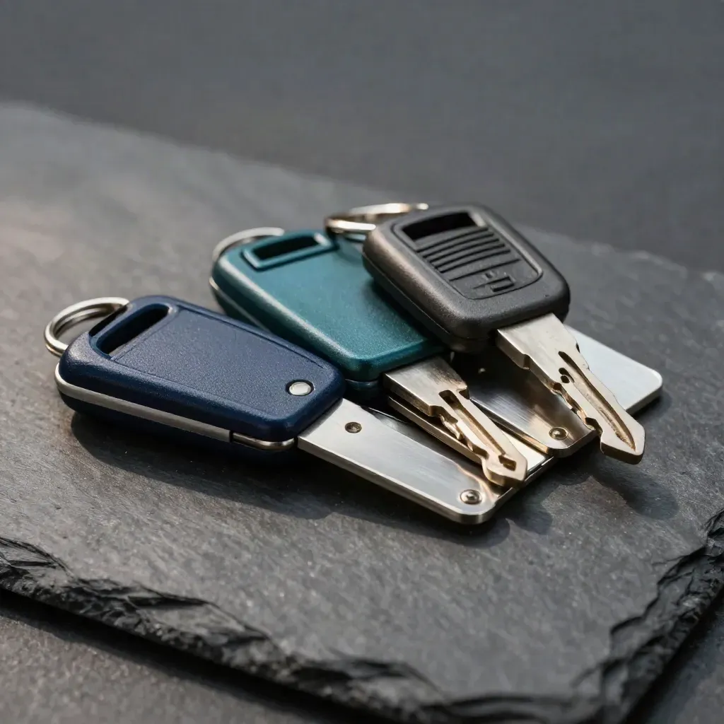Three key fobs, a truck key and assignment tabs on dark slate.
