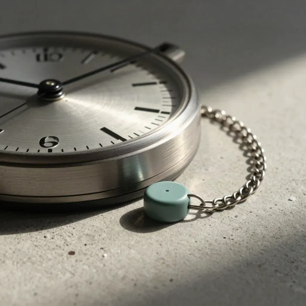 Steel timing dial, teal location puck and chain loop on pale concrete in dramatic light.