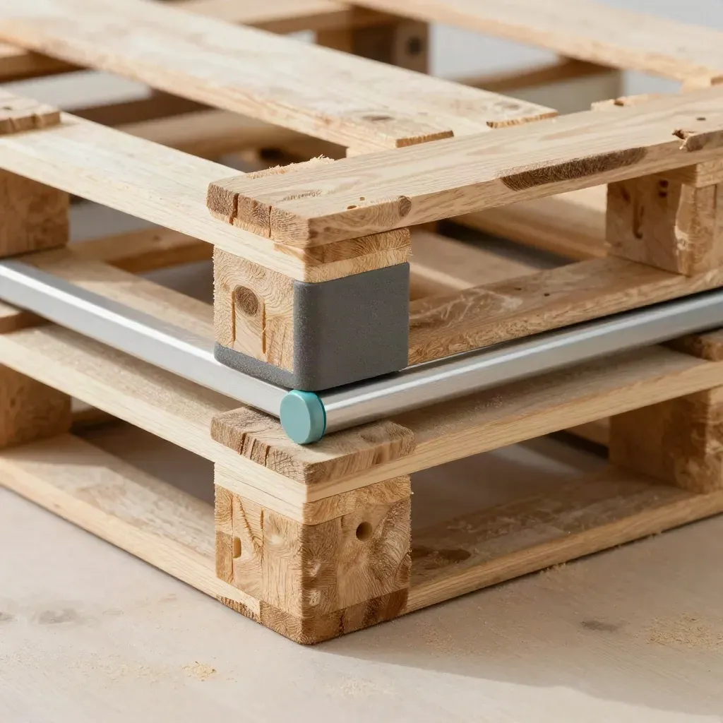 Pallet spacers, corner protector, and load bar on pale wood with soft teal accent