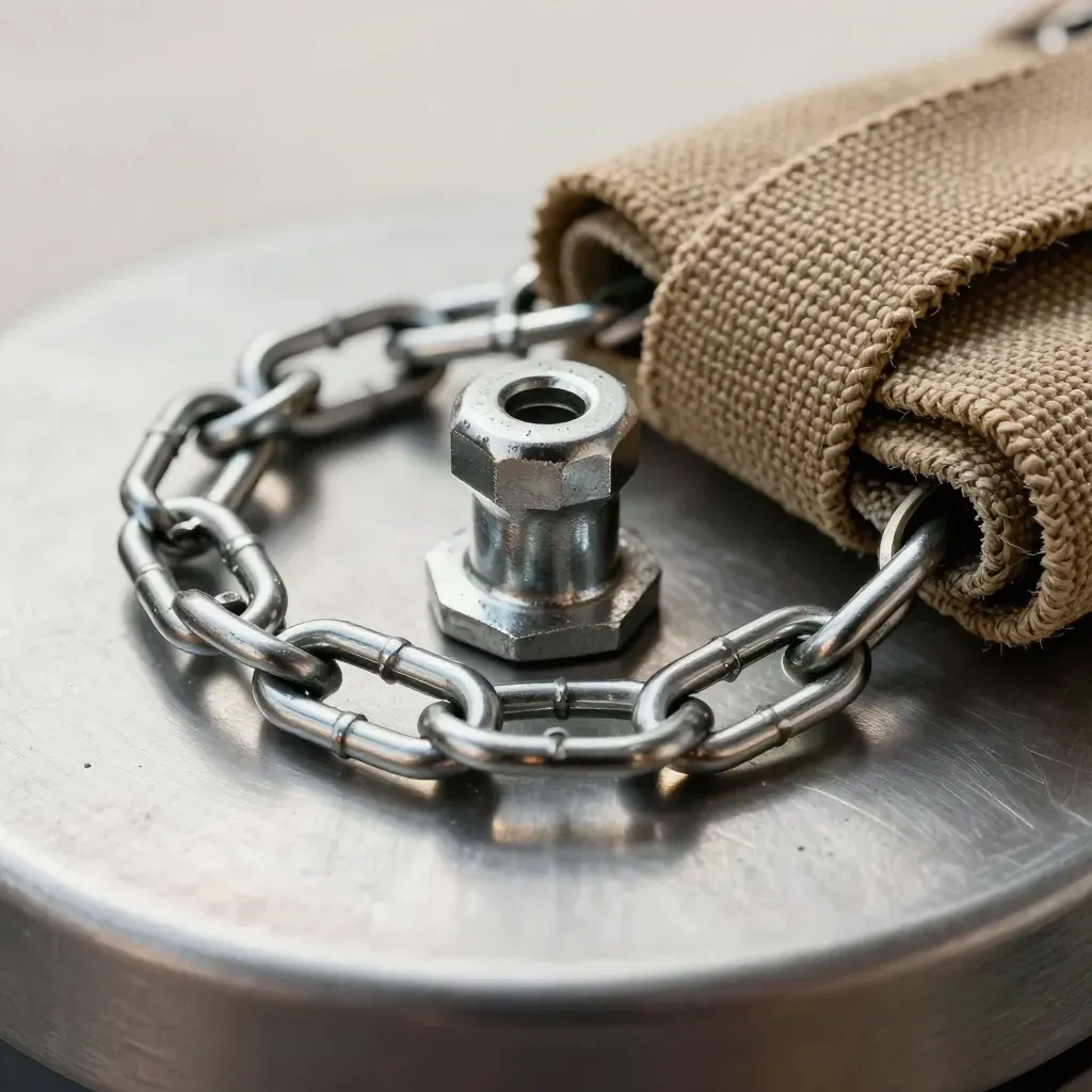 Trailer coupling pin, chrome chain link, and canvas strap on brushed metal in a macro still life.