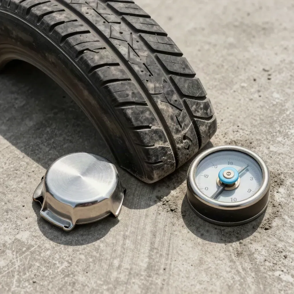 Tire tread sample, fuel cap, and tally wheel on brushed concrete with blue accent