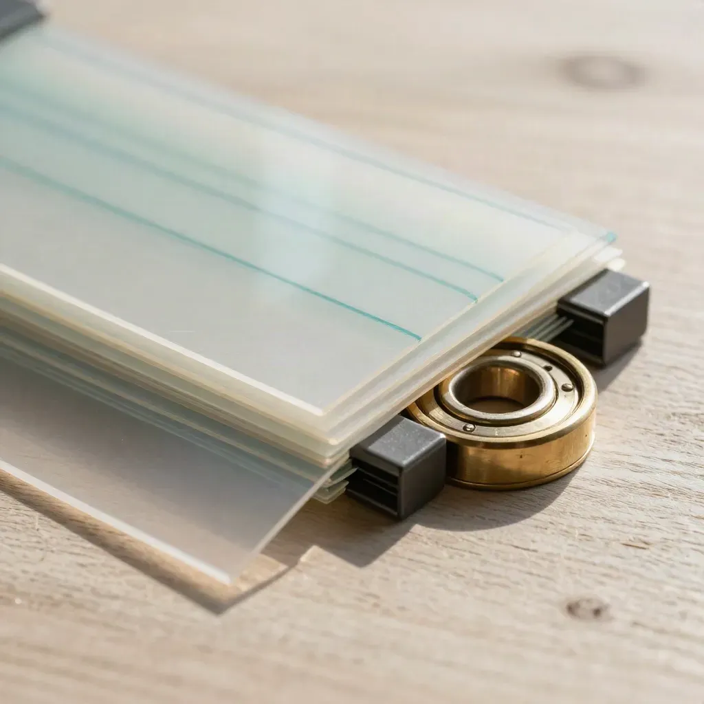 Macro flat lay of route overlays, clips, and a brass disk on pale wood.