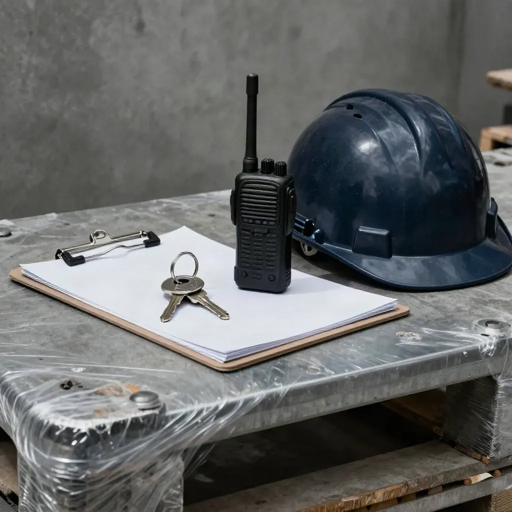 Dispatch clipboard, truck keys, two-way radio, and hard hat on a loading-bay shelf