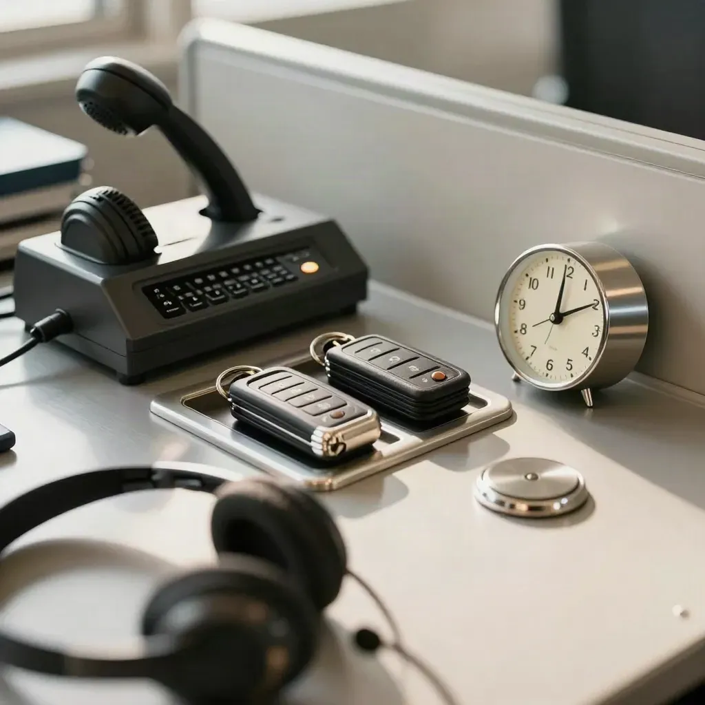 Dispatch charger, lined-up key fobs, analog clock and locator puck on brushed steel in soft haze