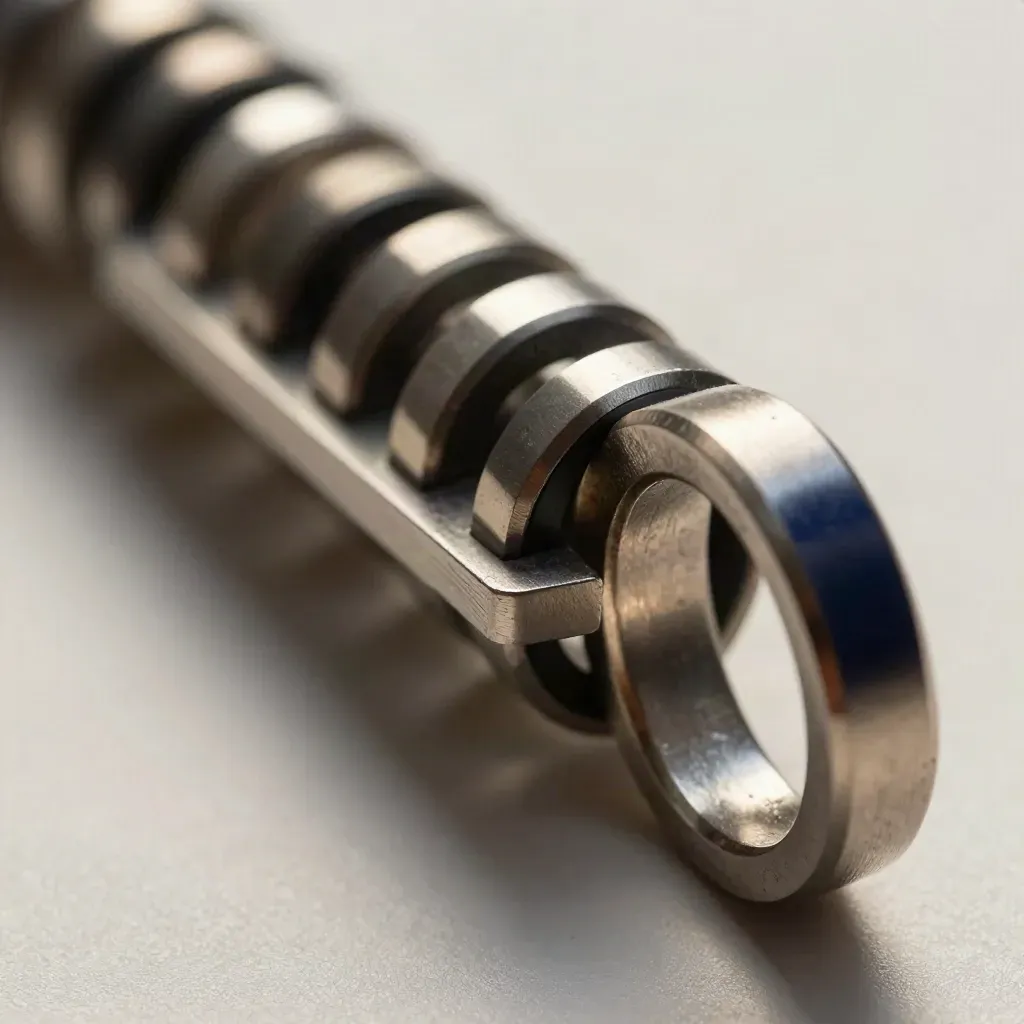 Macro of linked aluminum rings, bridge plate, and black spacers on graphite steel.