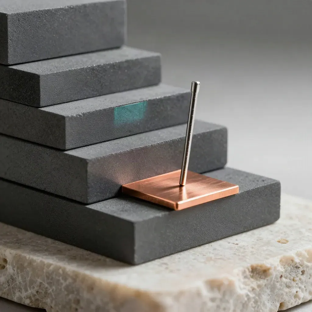 Graphite blocks, copper shim, and steel connector pin on pale stone with teal accent