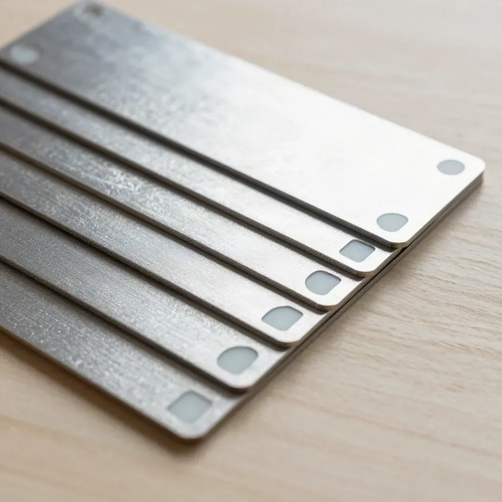 Top-down silver cards, corner clips, and frosted glass spacer on pale wood