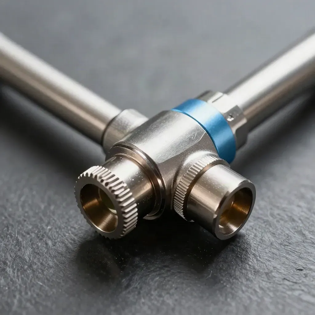 Steel payment connector, linked loops and knurled coupling on slate, lit by soft side daylight.