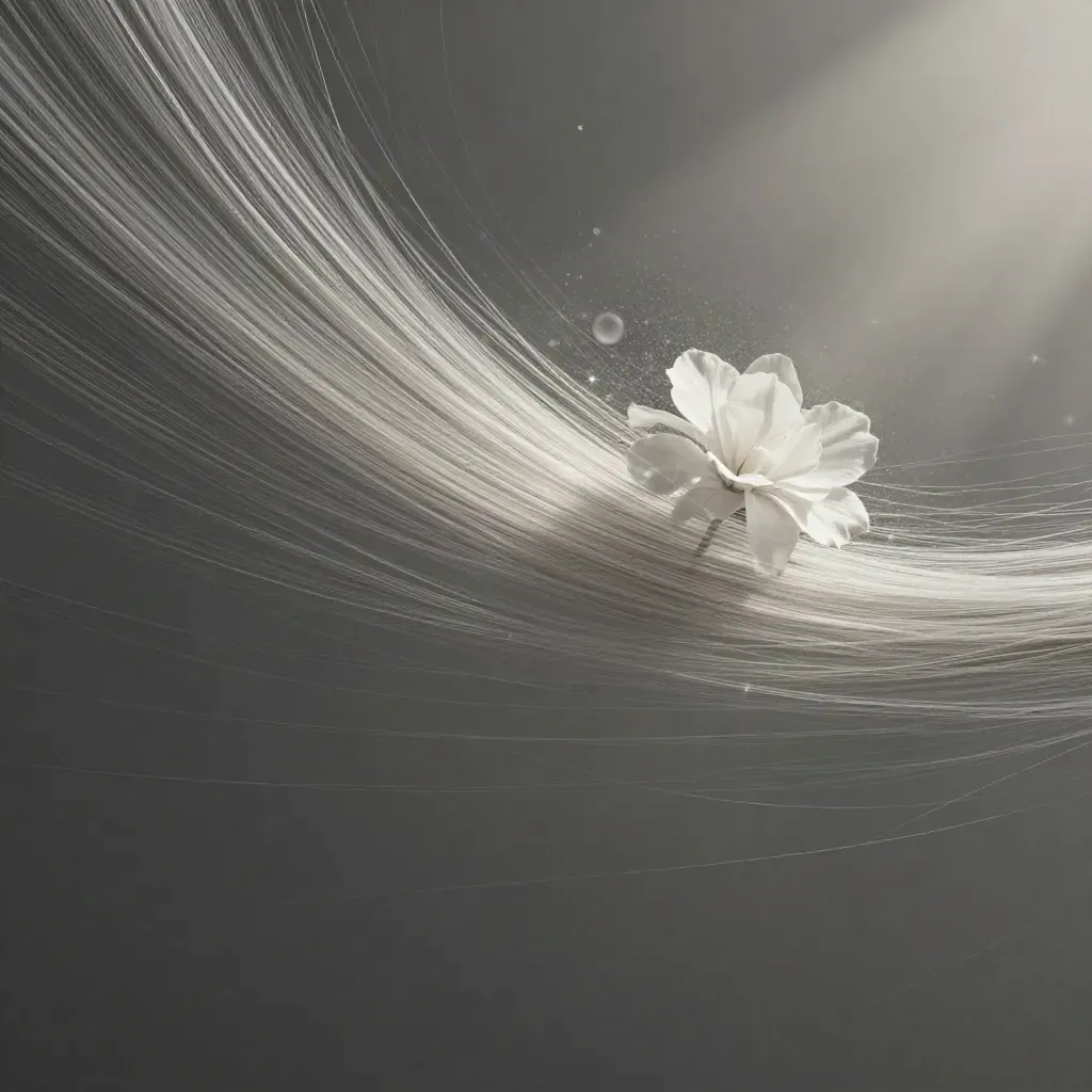 Silver filaments converge into a soft bloom in graphite haze, leaving calm space for copy.